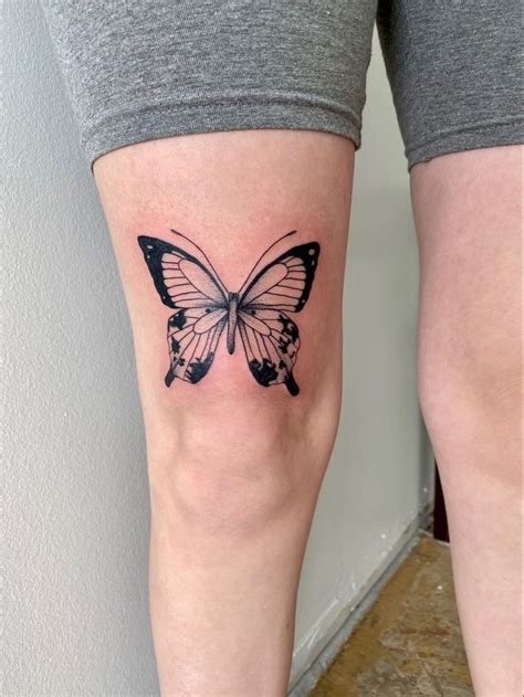 Tattoo, such as a butterfly, semicolon, or your inspiring lyrics, can help you honor your own or a loved one's experience with schizophrenia. . Butterfly above knee tattoo